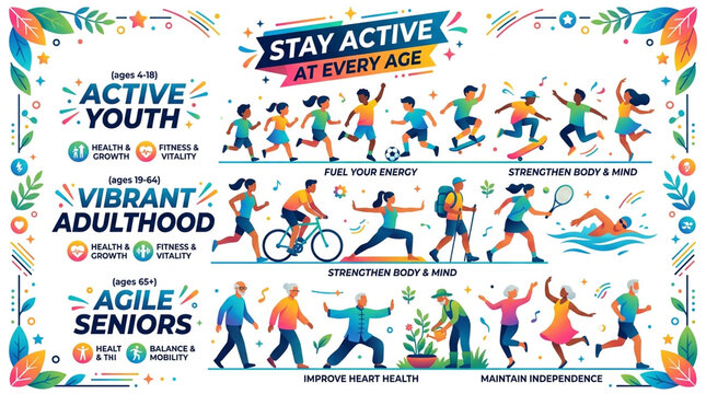Stay Active at Every Age Infographic Vector for Healthy Lifestyle and Physical Fitness Across Generations