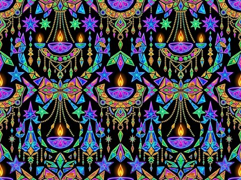 Vibrant seamless pattern with colorful crystal Diya lamps and glowing stars for Diwali festival and traditional holiday celebration background.