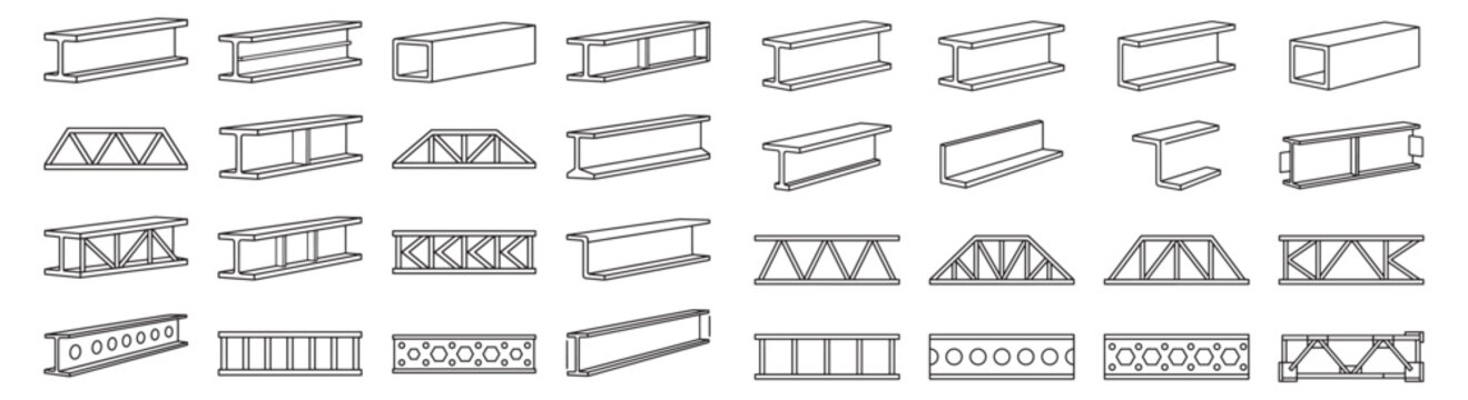 Set of Steel Beam and Truss Profile Line Icons for Construction and Structural Engineering