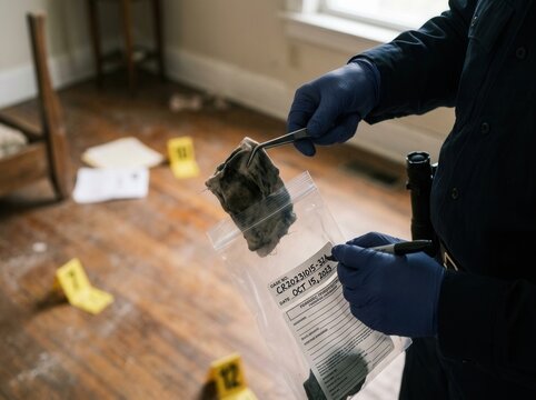 Forensic Investigator Collecting Evidence At Crime Scene With Marker Numbers