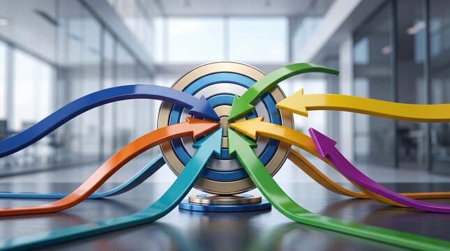 Multiple colorful arrows converging on a target bullseye in a modern office, symbolizing business strategy and focused goals