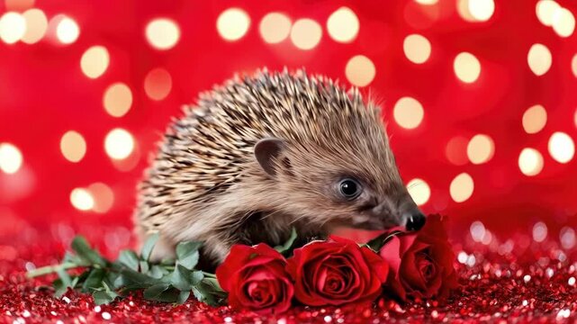 Adorable hedgehog with red roses on glittering red background. The 14th of February. Happy Valentine's Day