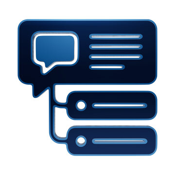 Chat feedback and comment list icon, glossy blue 3D symbol of customer review or message thread on a transparent background, for web interface isolated on a transparent background
