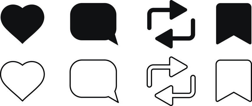 Social media interface icons vector set with solid and outline styles including heart like, speech bubble comment, retweet arrow, and bookmark ribbon symbols