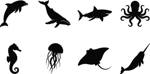 Marine Animal Silhouette Collection Featuring Ocean Creatures and Sea Life Icons © Sabrina