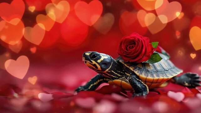 Cute turtle with red rose on heart-shaped lights background. The 14th of February. Happy Valentine's Day