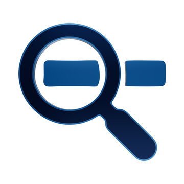 A glossy blue magnifying glass icon with a minus symbol inside, rendered in a 3D style, isolated on a white background, for zoom out functionality isolated on a transparent background