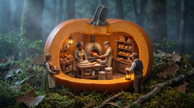 Cozy miniature bakery inside hollow pumpkin with tiny figures baking bread in fairy forest. Concept of lanterns, fairy tale, pumpkin house.