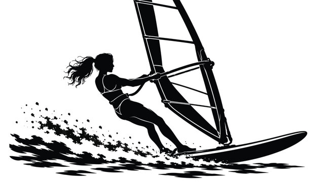 Black silhouette of windsurfer riding across splashing water with sailboard, ocean adventure, watersport recreation, speed and freedom