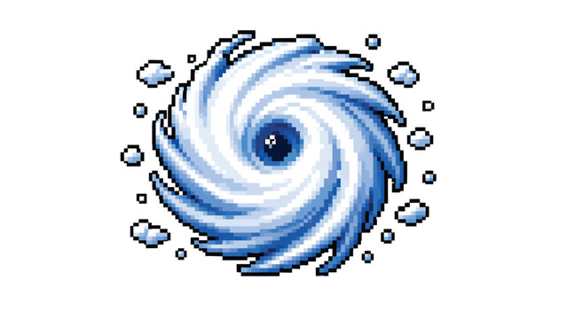 Cute blue swirling hurricane or cyclone icon with water droplets, playful tropical storm weather illustration isolated on white background