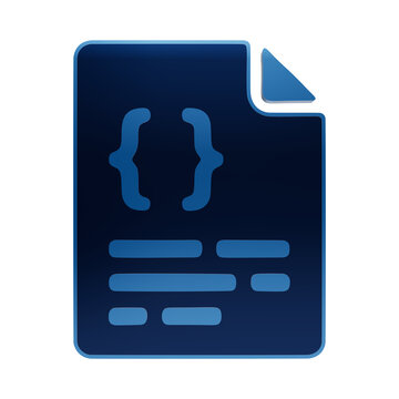 Blue glowing document icon with curly brackets symbol representing programming code file format for software development and web interface isolated on a transparent background