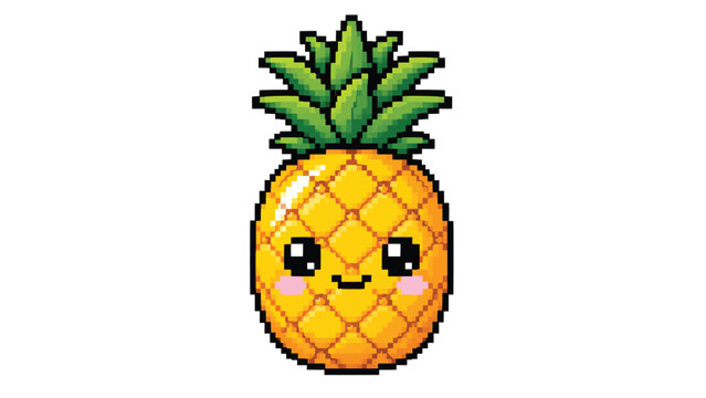Adorable cartoon pineapple with expressive face and leafy crown, colorful tropical fruit character isolated on white for playful designs
