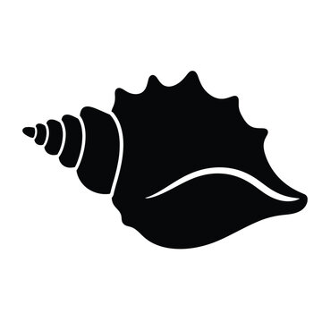 Bold black silhouette of a large spiral conch seashell, simple marine nature icon isolated on a clean white background for design use