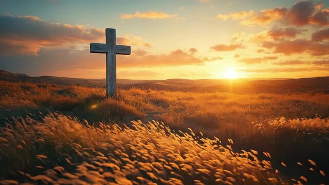 Wooden cross in sunset over field with rolling hills and dramatic sky. Easter, Pascha, Paskha, Ostern, Pascua, Paques - Orthodox and Catholic Holiday celebration