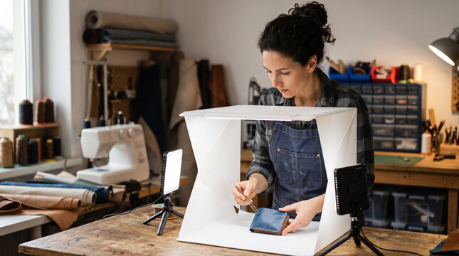 Leather artisan arranging handmade wallet inside light tent for product photography in workshop. Concept of self, employed, worker, arranges, leather craft, small business.