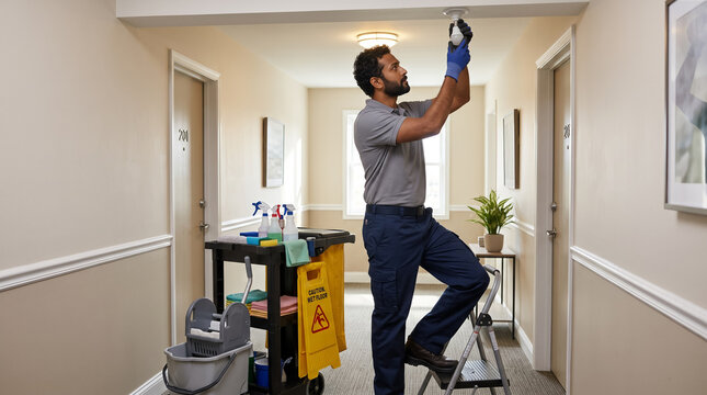 Janitor changing light bulb on ladder near cleaning cart in hotel corridor. Concept of repair, specialist, performs, maintenance, handyman.