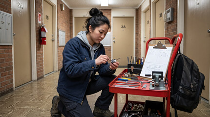 Obraz premium Female locksmith repairing door cylinder mechanism with picks and tools on service cart in apartment hallway. Concept of lock, prepares, equipment, lock picking, cylinder lock, lock tools.