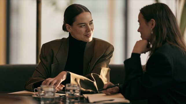 Two businesswomen having a professional conversation during informal meeting