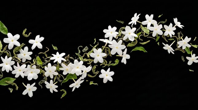 White jasmine flowers and dried green tea leaves floating in a wave on black background with leaves arranged dynamic pattern against solid jasmine blossoms