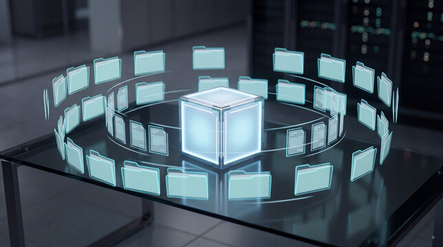 Holographic cloud data storage cube with floating file folders