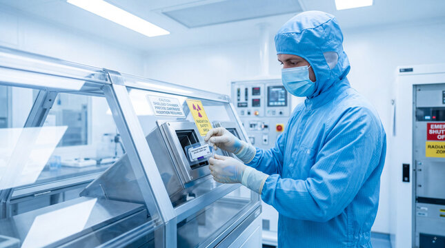 Cleanroom technician handling sample in radiation safety lab