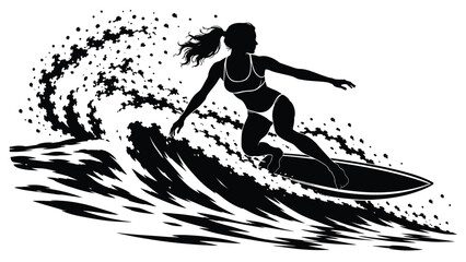Fototapeta premium Woman surfing a large ocean wave on a board, energetic coastal silhouette for summer water sports, adventure travel, fitness, recreation and freedom