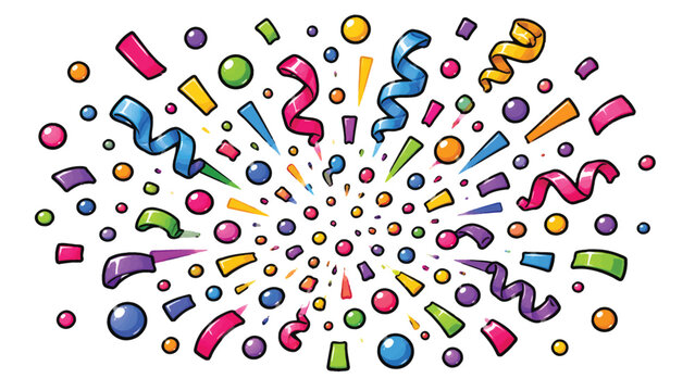 Colorful confetti scattered across a white background, festive celebration pattern with party decorations, bright shapes, streamers and joyful energy