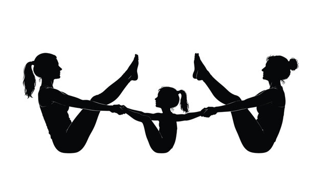 Three people performing group stretching and balance exercises, showing flexibility, teamwork, coordination and healthy fitness training