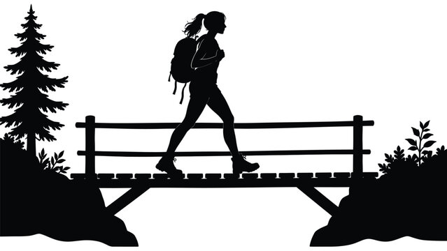 Woman walking across a suspension bridge in nature, outdoor hiking adventure with pine trees, mountains and wilderness scenery