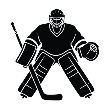 Ice hockey goaltender in full protective gear holding a stick, winter sports silhouette for athletic games, training and competition