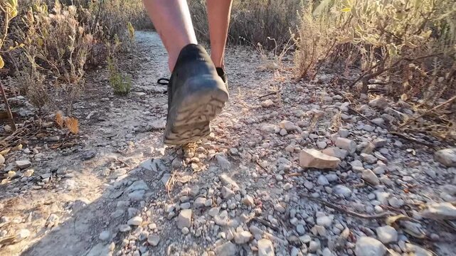 Low angle view of a person's legs and feet wearing athletic shoes, walking along a rocky dirt path through dry brush during a sunny day