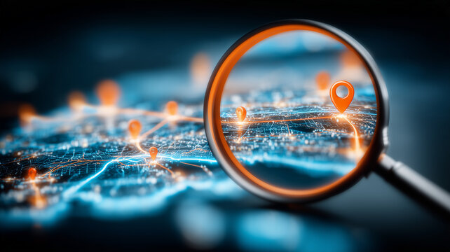A magnifying glass focused on map location pins represents geolocation search and digital route planning for navigation and tracking.
