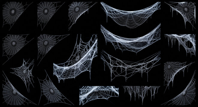 Collection of various spider web designs and corner cobwebs for Halloween decoration isolated on black background