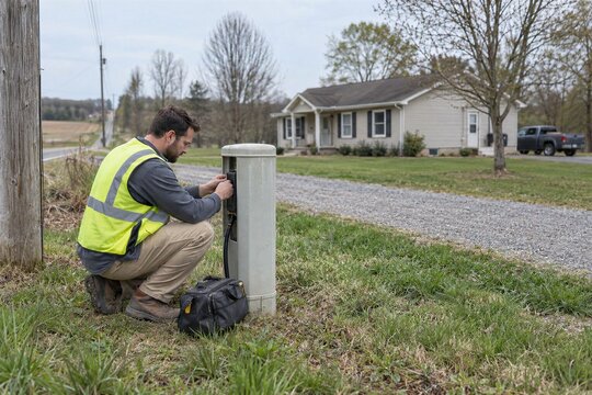 Rural Broadband Technician Inspecting Telecommunications Utility Pedestal