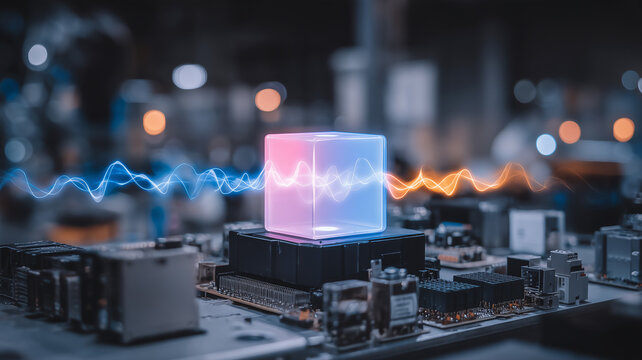 A transparent digital cube receives flowing signal waves to represent data processing electronic communication and advanced signal transmission technology.
