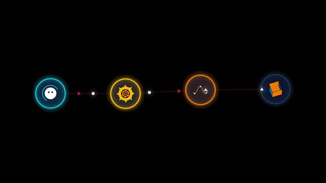 Motion graphics animation of connected digital infographic icons on dark background with vibrant neon glow for corporate promo and tech explainer video