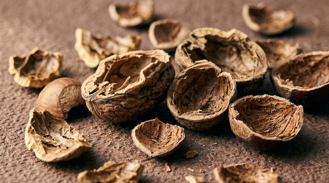 Close up of cracked walnuts and nut shells on rustic ground. Autumn harvest ingredient with rich earthy texture for seasonal food, wellness, editorial background, and natural campaign concept.