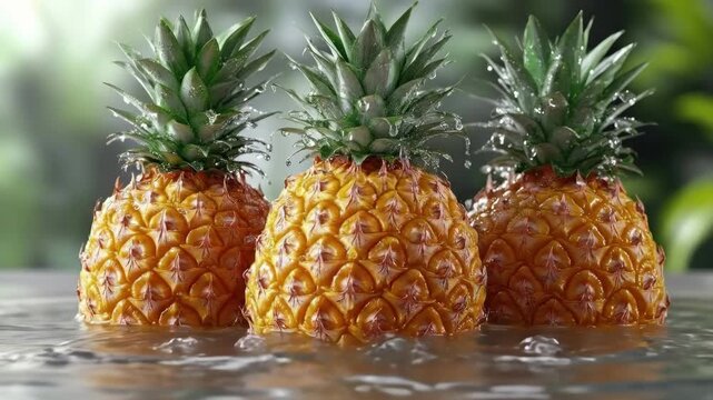 Fresh pineapples in water with splashes and green leaves