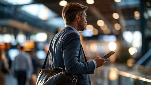 Bright businessman using a smartphone while walking through a modern transportation terminal rear view with motion blur and face out of frame clean well lit background business travel