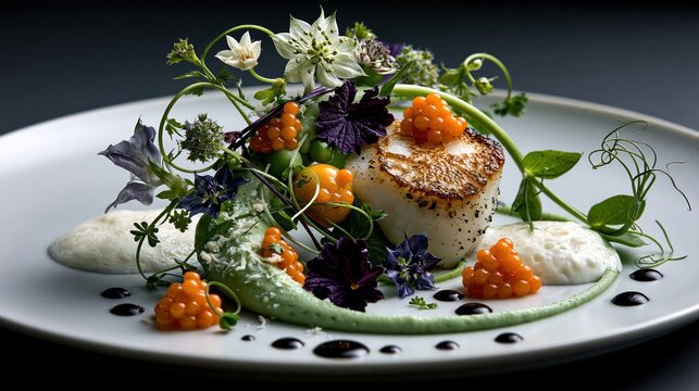 A seared scallop sits on a white plate with caviar pearls and green pea puree