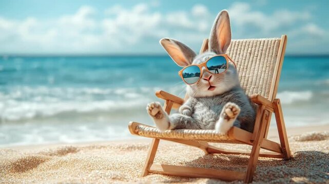 Playful bunny relaxing on a sunny beach in sunglasses. Easter, Pascha, Paskha, Ostern, Pascua, Paques - Orthodox and Catholic Holiday celebration