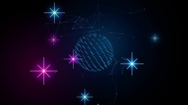Motion graphics animation of digital binary globe with glowing neon starburst particles on dark background for tech promo, cyber intro, and broadcast opener