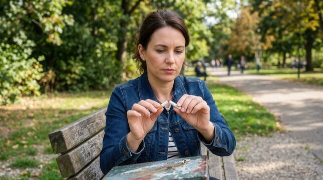 Woman Breaking Cigarette In Park Represents Quitting Smoking And Healthy Lifestyle