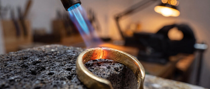 Professional Jeweler Soldering Gold Ring with Gas Torch in Workshop, Macro View of Blue Flame and Glowing Metal on Charcoal