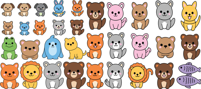 Cute Animal Character Collection with Puppies, Cats, Bears, Rabbits, Frogs, Lions, Fish and Colorful Kawaii Cartoon Mascots Vector Illustration
