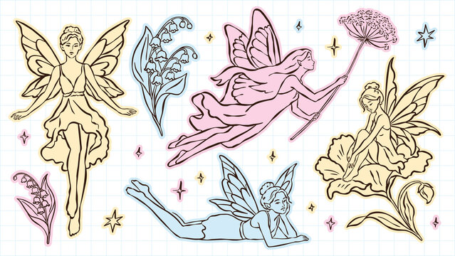 A vector hand drawn sticker collection of fairies in flight and at rest surrounded by flowers stars and lily of the valley