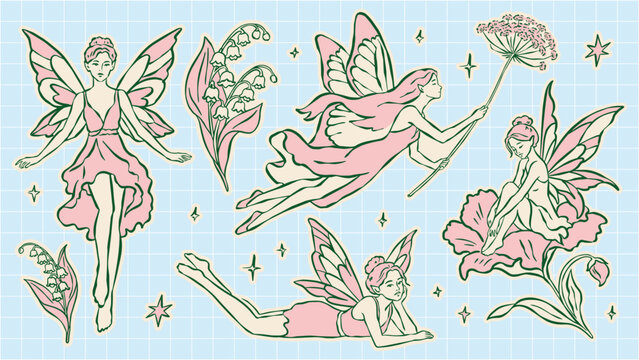 A vector hand drawn sticker collection of fairies in flight and at rest surrounded by flowers stars and lily of the valley