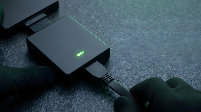 Hands in black gloves plugging cable into black hardware device with green status led light