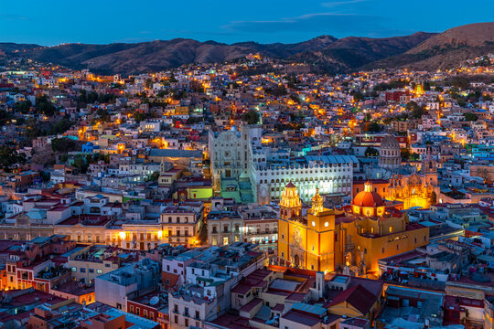 Guanajuato night cityscape with Our Lady of Guanajuato Cathedral, Mexico.