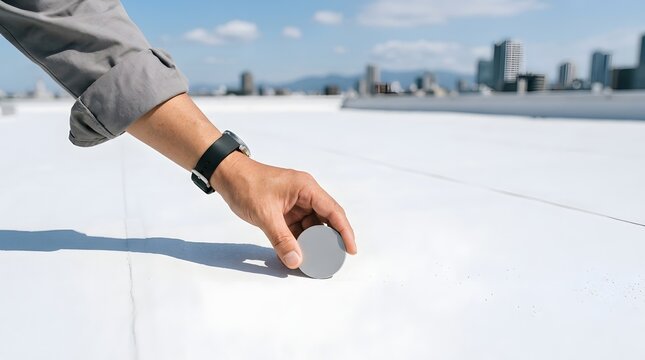 Hand holding circular sensor probe on white reflective cool roof coating on rooftop